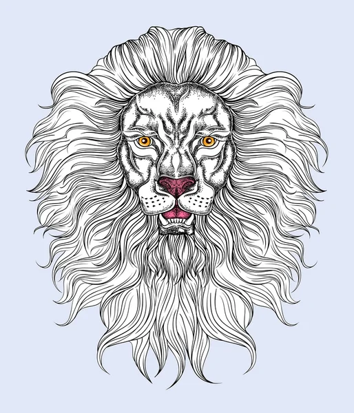 Cabeça de leão desenhada à mão em arte de linha e estilo de moda de trabalho de ponto. Design de t-shirt Hipster. Ilustração vetorial animal isolada —  Vetores de Stock