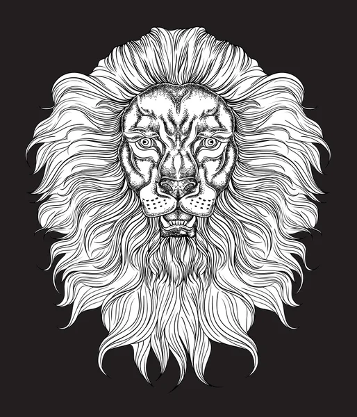 Hand drawn lion head in line art and dot work trendy style. Hipster t-shirt design. Vector animal illustration on black — Stock Vector