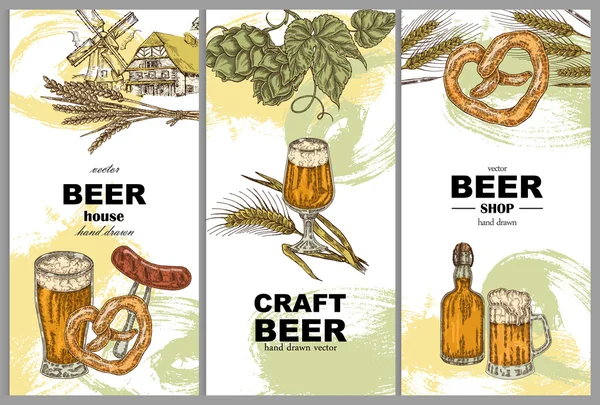 垂直横幅与啤酒眼镜、 瓶、 古老的风车，大麦和希望在葡萄酒素描风格。矢量图. — 图库矢量图片