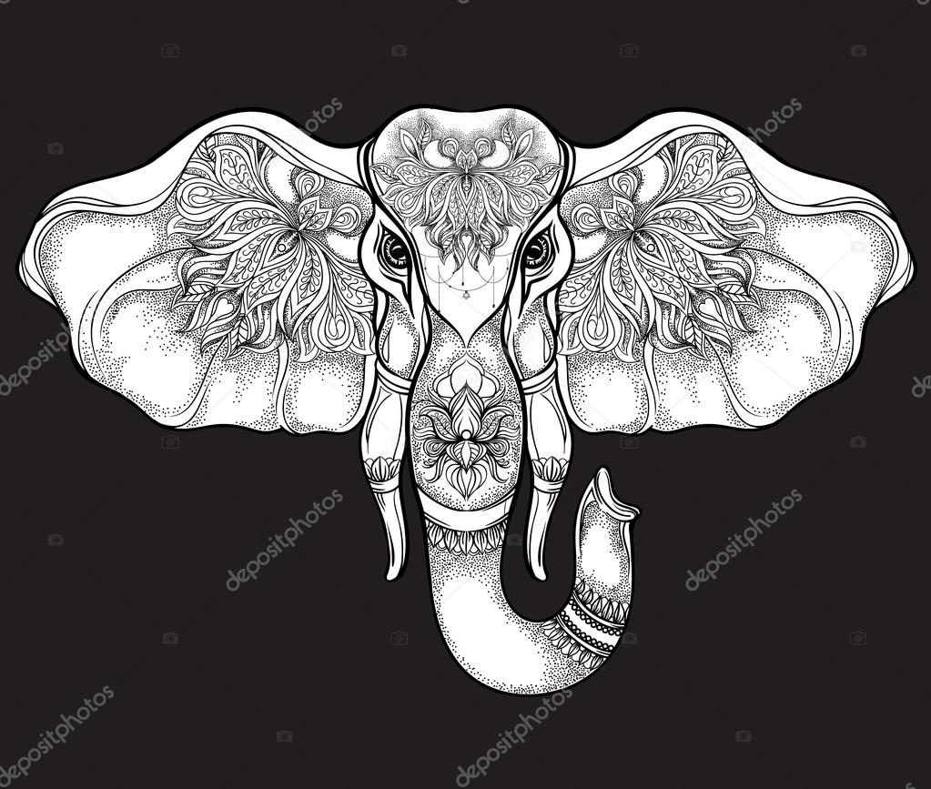 Hand drawn elephant head with mandala pattern on black. Vector illustration