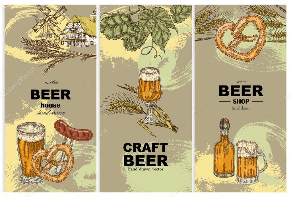 Vertical banners with beer glasses, bottle, old windmill, barley and hope in vintage sketch style. Vector illustration.