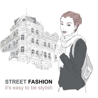 Sokaktaki moda kız. Vektör çizim