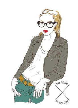 Deri ceket şık kız. Vektör çizim