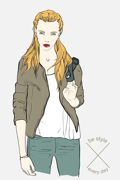 Linda chica de moda con chaqueta. Ilustración vectorial — Archivo Imágenes Vectoriales