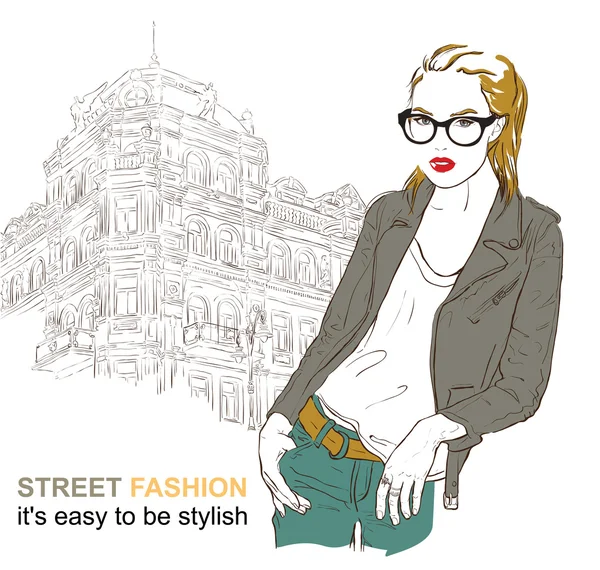 Fashion girl in  leather jacket. Vector illustration Vector Graphics
