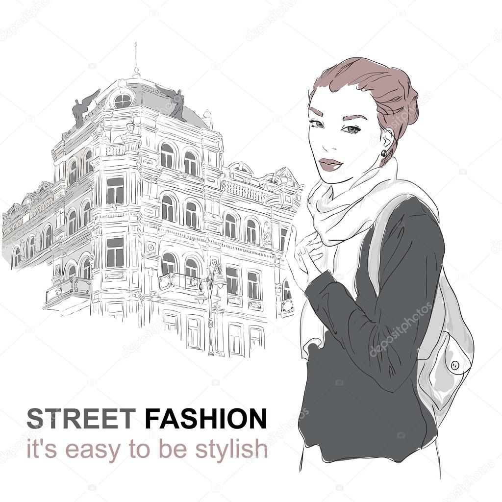 Fashion girl on the street. Vector illustration