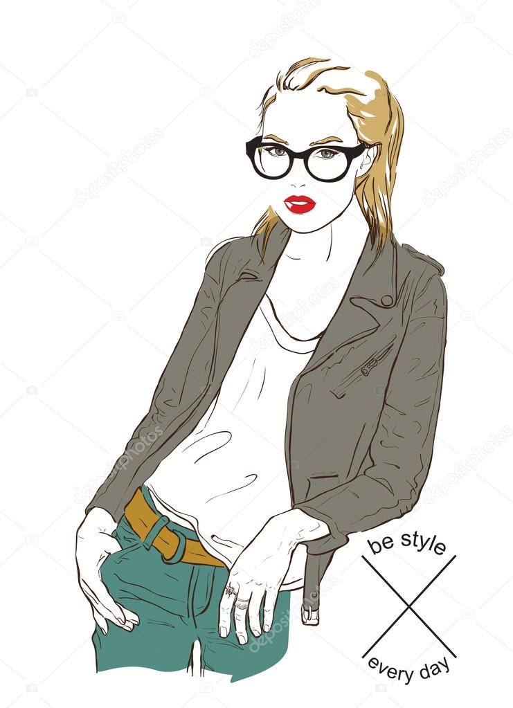 Stylish girl in leather jacket. Vector illustration