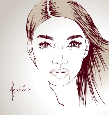 Kadın yüz elle çizilmiş. Vektör çizim