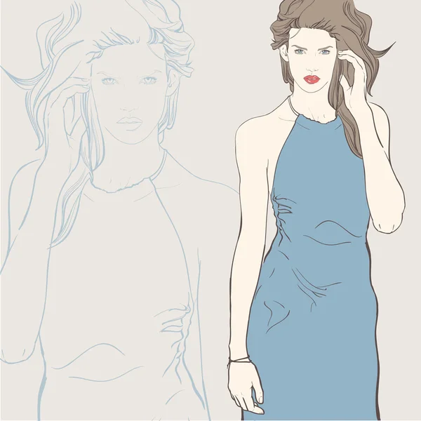 Modefrau in blauem Kleid. Vektorillustration — Stockvektor