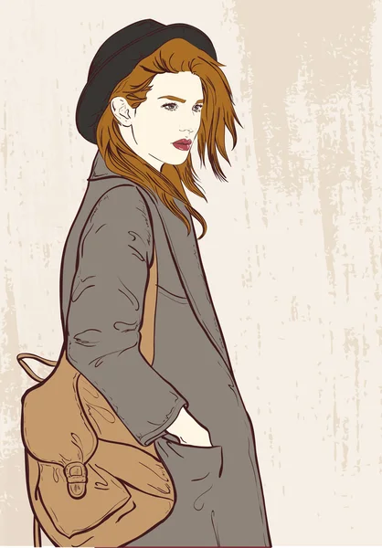 Chica de moda con sombrero. Vector — Archivo Imágenes Vectoriales