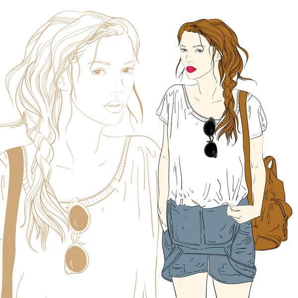 バッグのベクトル図とかわいいファッションの女の子 — ストックベクタ