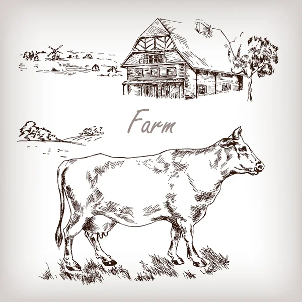 Conjunto agrícola. Casa, vaca, ilustração vetorial em estilo esboço — Vetor de Stock