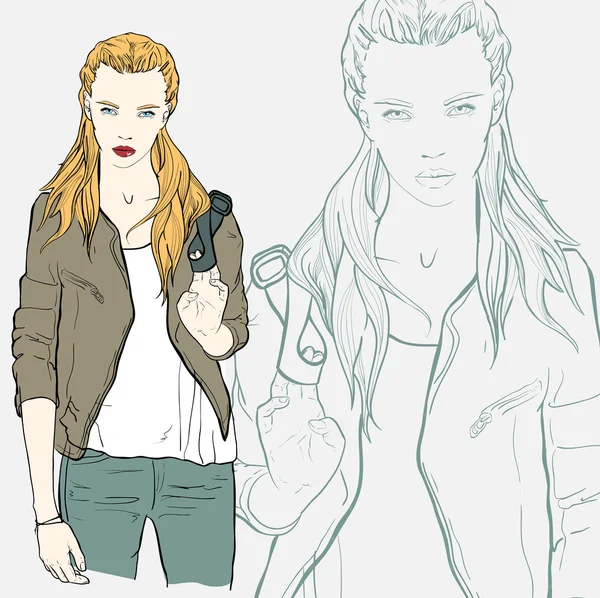 Pretty fashion girl in jacket. Vector illustration Vector Graphics