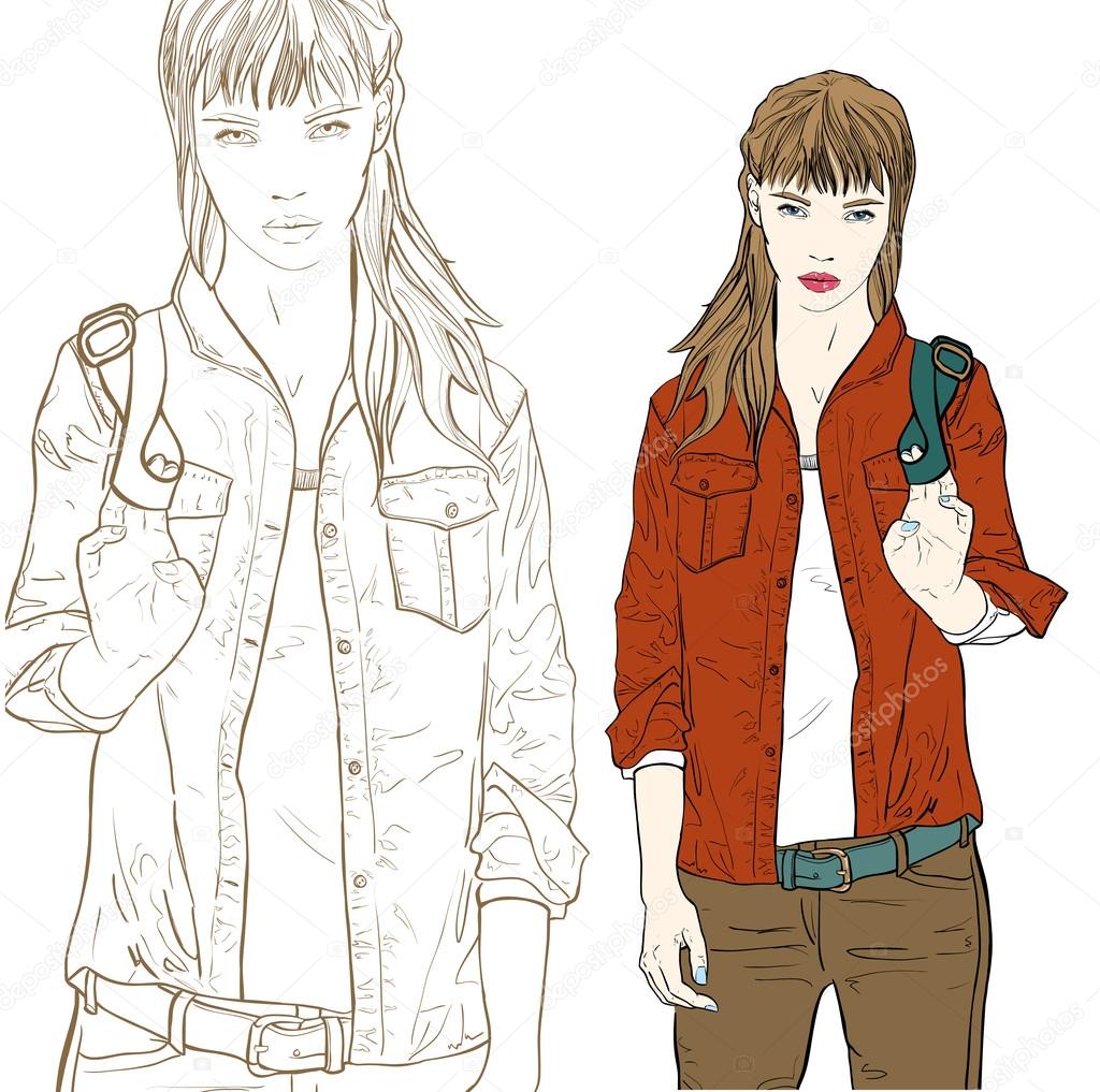 Stylish girl in red jacket. Vector illustration