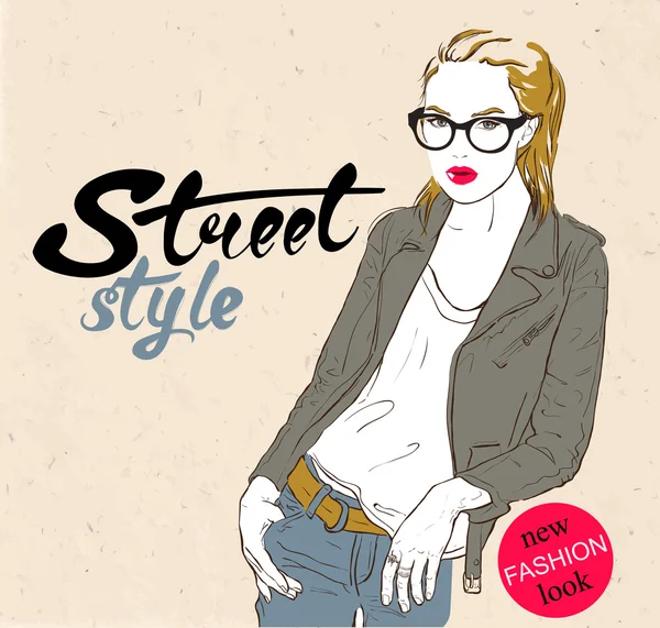Fashion girl with graffiti letters. Vector illustration Vector Graphics