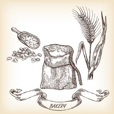 El çekilmiş çuval, tahıl, yemek, buğday. Vektör