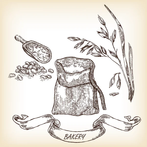 El çekilmiş çuval, tahıl, yemek, yulaf. Vektör
