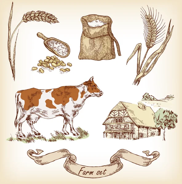 Juego de granja. Vaca, casa, grano, vector de trigo — Vector de stock