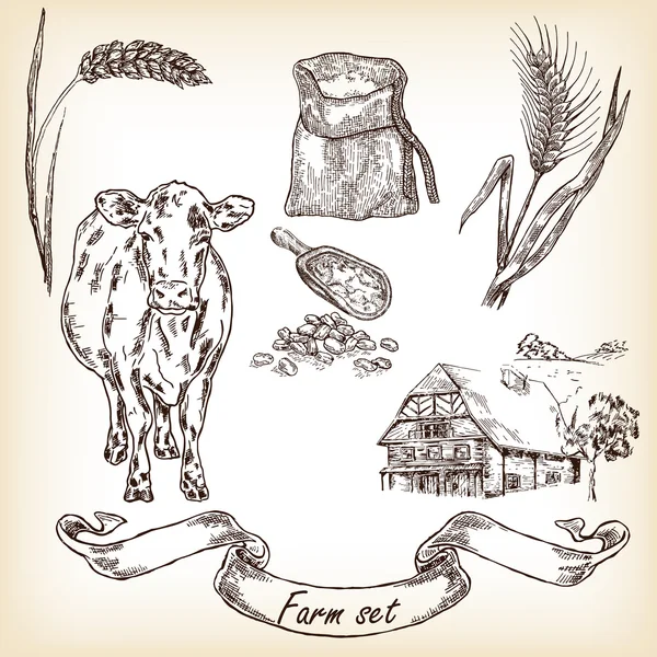 Ferme prête. Vache, maison, sac, grain, farine, vecteur de blé — Image vectorielle