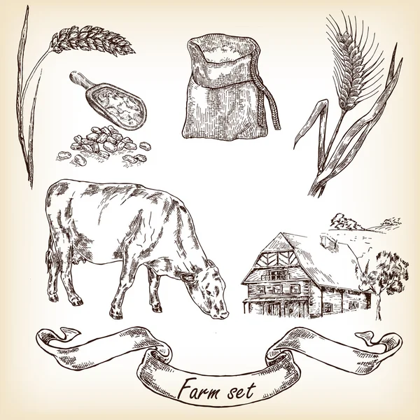 Ferme prête. Vache, maison, sac, grain, farine, vecteur de blé — Image vectorielle