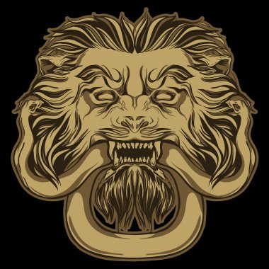 Altın Aslan siyah bir yılan tutan. Kapı tokmağı. Elle çizilmiş vektör