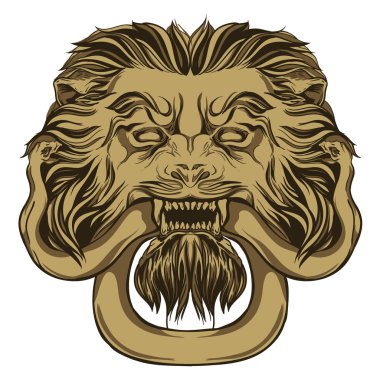 Altın Aslan bir yılan tutan. Kapı tokmağı. Çizilmiş vektör çizim el