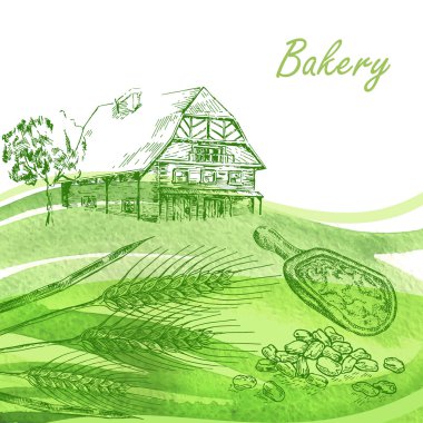 Fırın küme. El çekilmiş çiftlik evi, buğday, tahıl suluboya ile