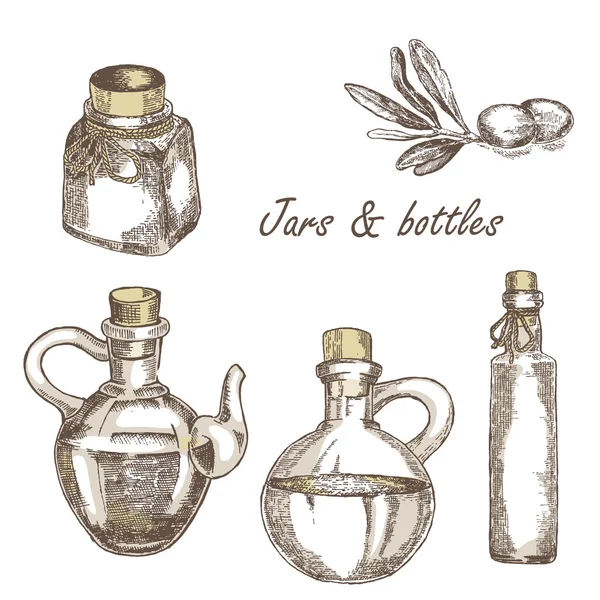 Sidan ritade burkar och flaskor. Vektor illustration. — Stock vektor
