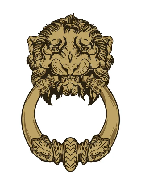 Gold lion head door knocker. Hand drawn vector illustration — Stock Vector