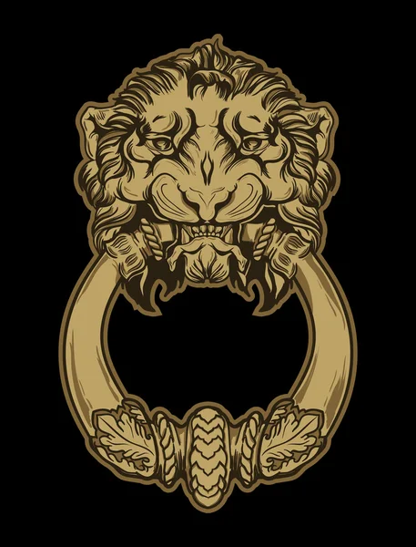Golpeador de puerta de león dorado sobre fondo negro. Vector dibujado a mano — Archivo Imágenes Vectoriales