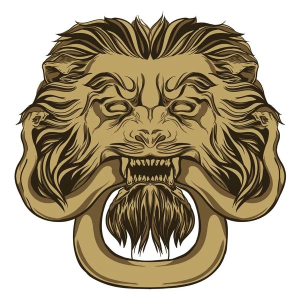 León de oro sosteniendo una serpiente. Llama a la puerta. Ilustración vectorial dibujada a mano — Vector de stock