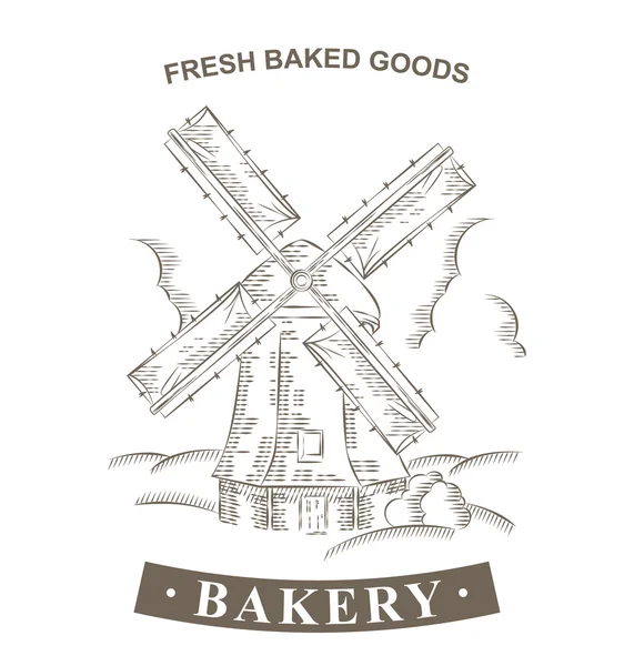 Vintage Windmill logo Bakery modello vettoriale di design. Disegnato a mano — Vettoriale Stock