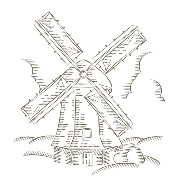 Vintage Windmill Logo pekařství vektoru šablona návrhu. Ručně kreslenou — Stockový vektor