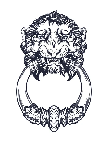 Lion head door knocker. Hand drawn vector illustration isolated — Stock Vector