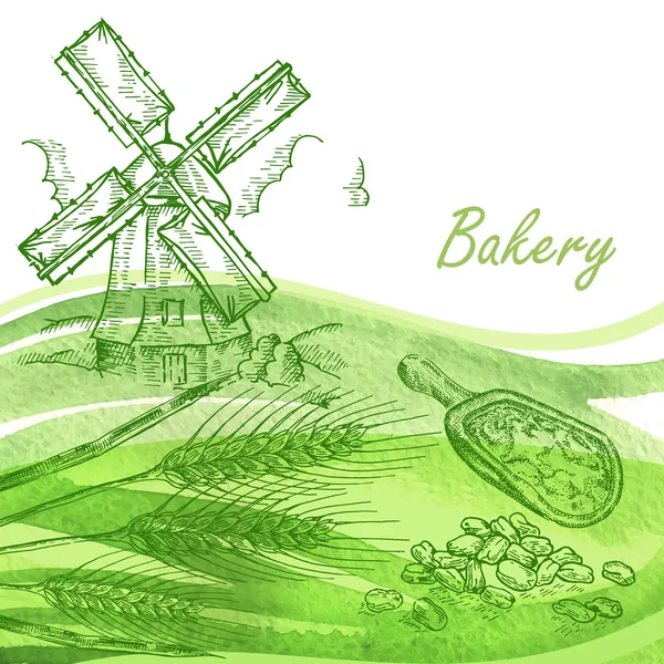 Bakery set. Hand drawn windmill, wheat, grain with watercolor — Stock Vector