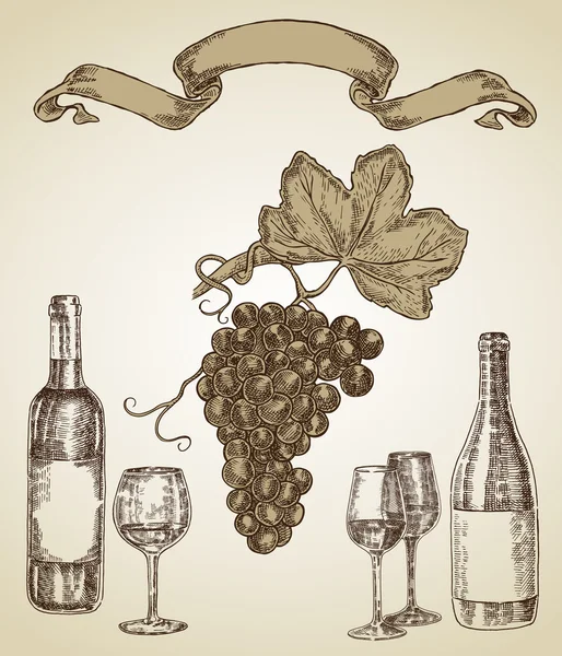 Conjunto de vinho desenhado à mão. Uma garrafa de vinho, um copo e um monte de uva —  Vetores de Stock