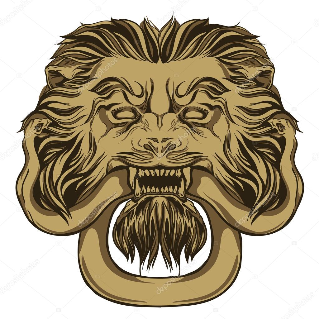 Gold lion holding a snake. Door knocker. Hand drawn vector illustration