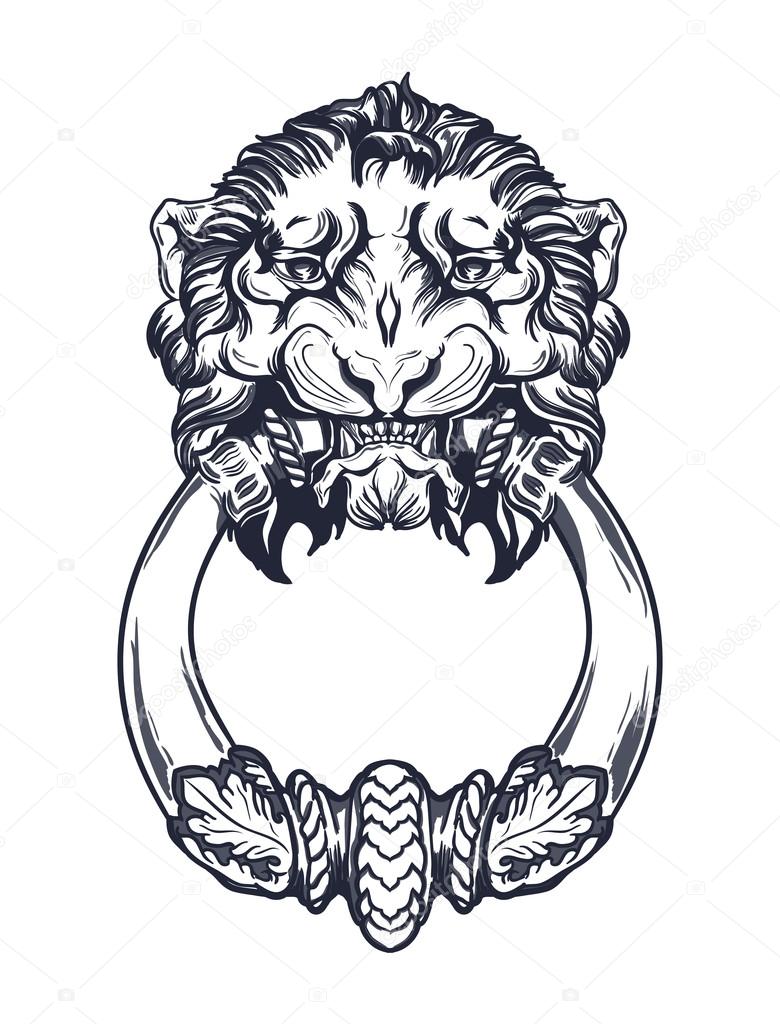 Lion head door knocker. Hand drawn vector illustration isolated