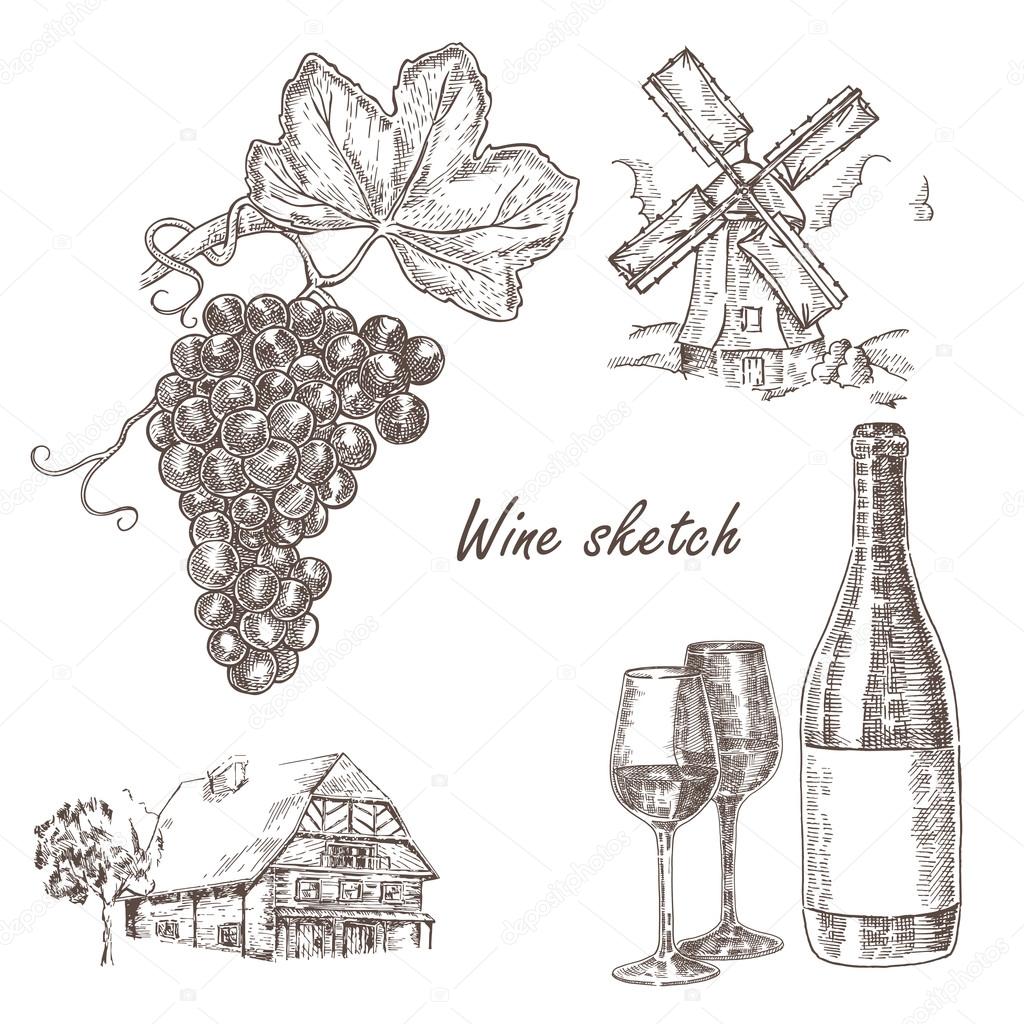 Wine set. Hand drawn bottle of wine, glass, bunch of grapes, windmill