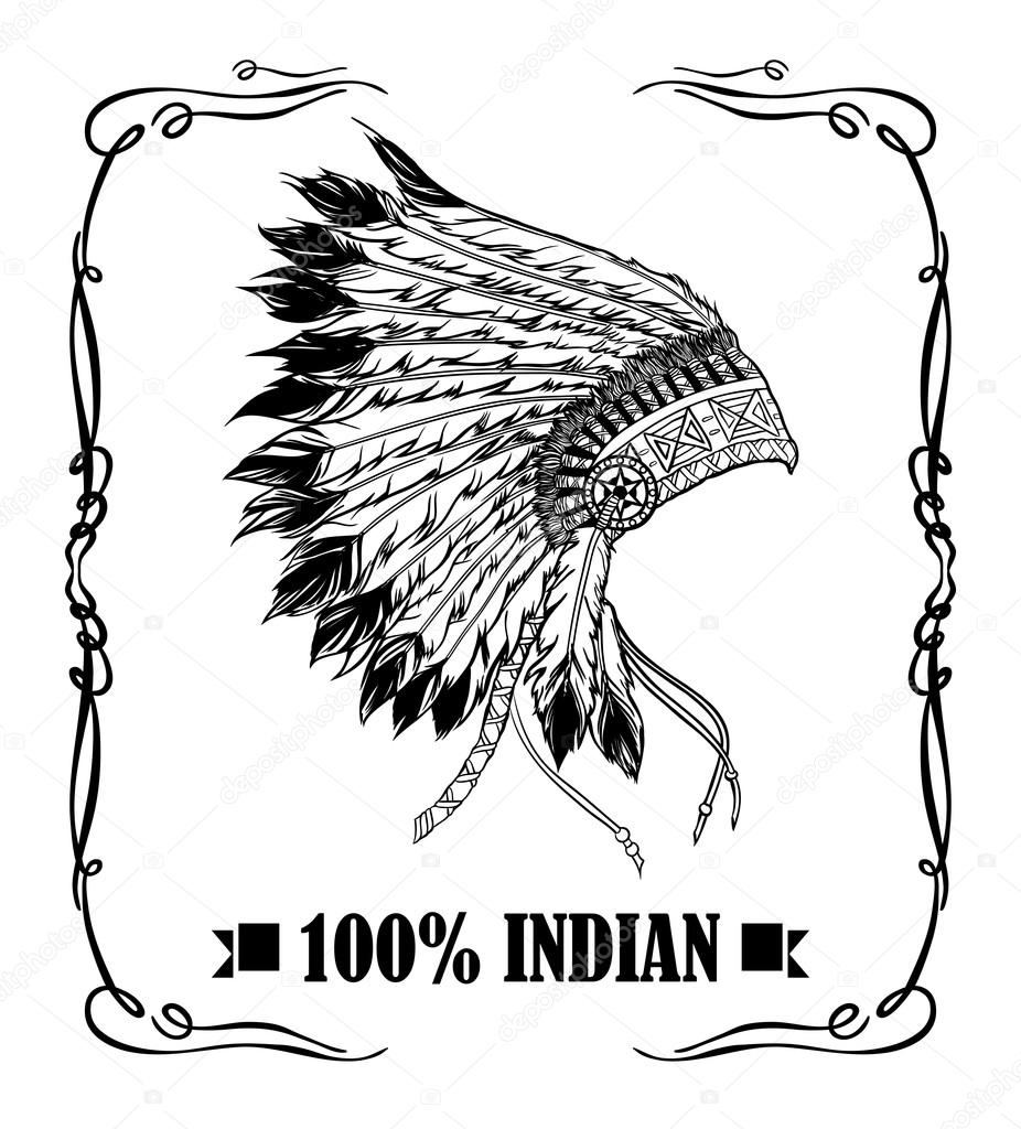 Native american indian chief headdress. Whiskey label design. Vector illustration