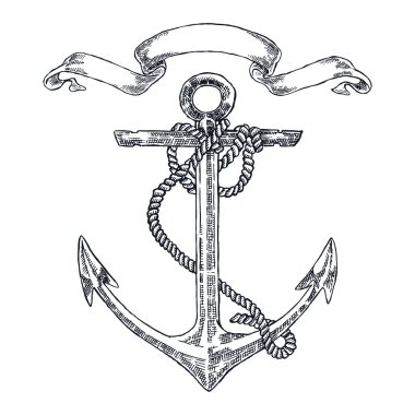 Beyaz arka plan üzerinde Vintage çapa grafik. Elle çizilmiş vektör