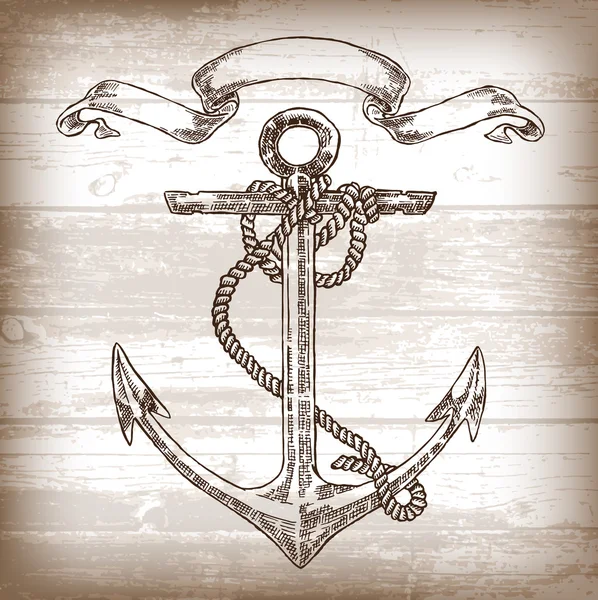 Vintage anchor graphic on wooden background. Hand drawn vector — Stock Vector