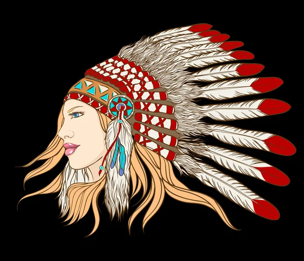 Young pretty girl in indian chief headdress. Vector illustration — Stock Vector