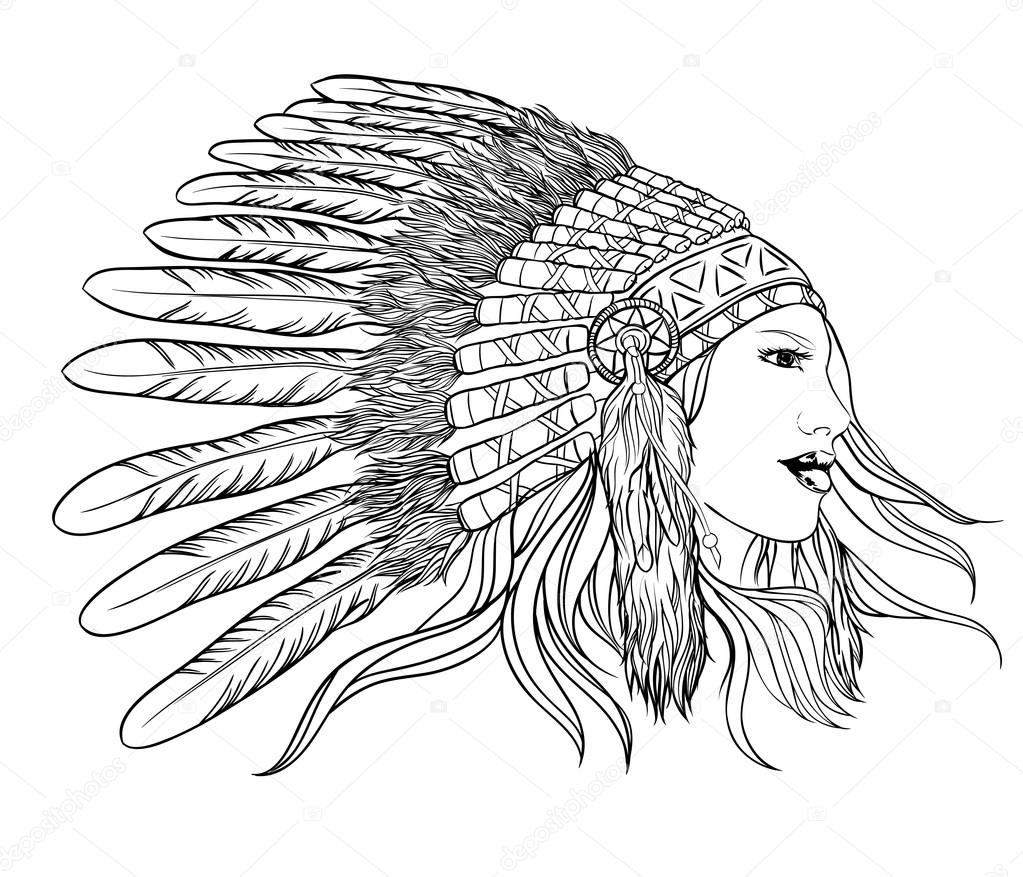 Young pretty girl in indian chief headdress. Vector illustration
