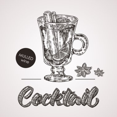 Elle çizilmiş kroki metin ile kokteyl. Mulled şarap vektör illustr
