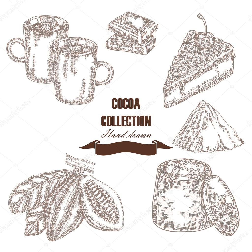 Hand drawn cocoa beans. Cocoa pod, chocolate cake, marshmallow, 