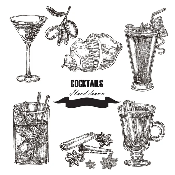Jeu de cocktail dessiné à la main. Illustration vectorielle — Image vectorielle