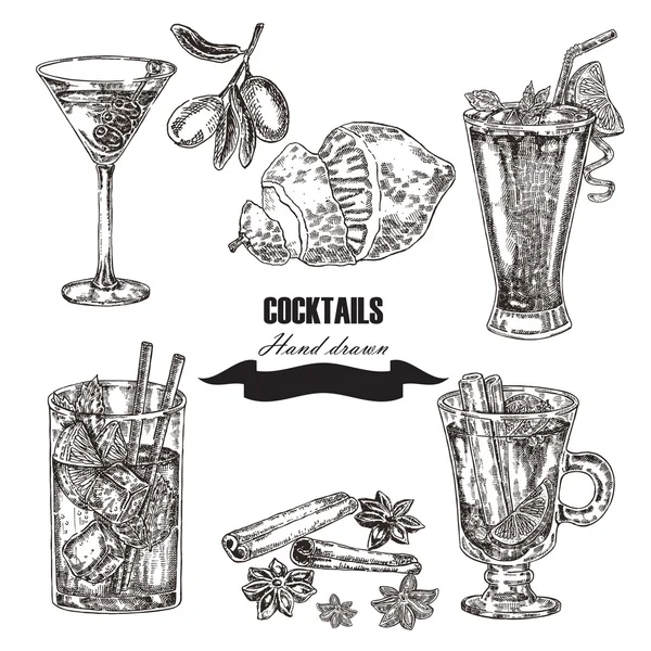 Hand drawn sketch cocktail set. Vector illustration — Stock Vector