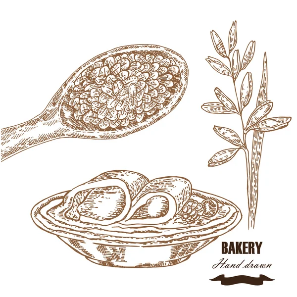 谷物的设置。手绘素描插图燕麦早餐六 — 图库矢量图片