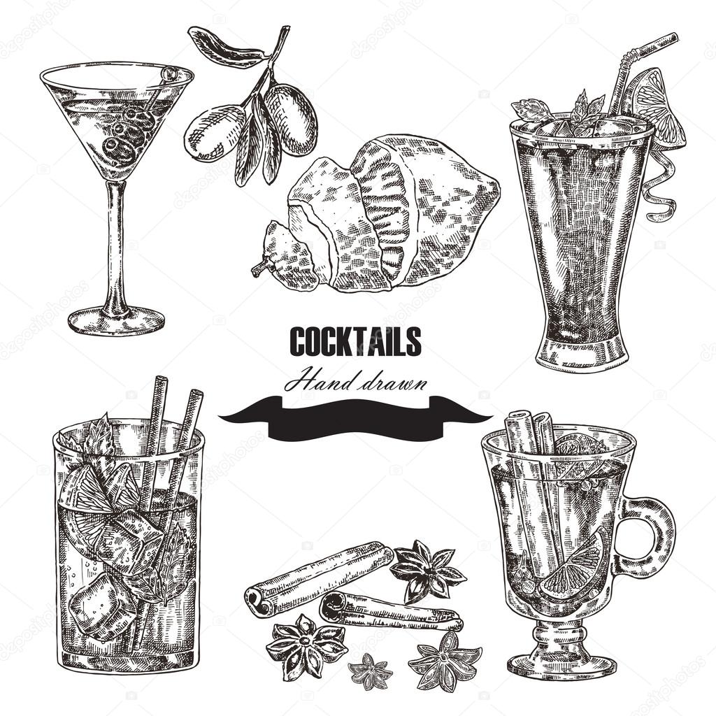 Hand drawn sketch cocktail set. Vector illustration